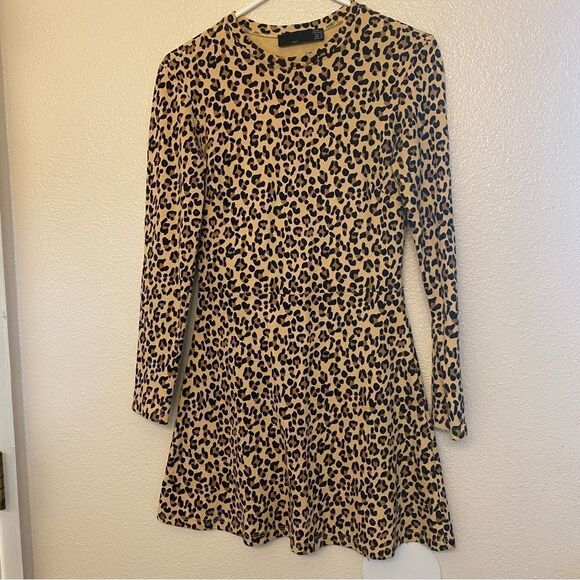 Zara cheetah animal leopard print mini long sleeve crew neck sweatshirt dress S - Picture 2 of 7